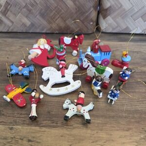 Wooden Christmas Tree Ornaments Lot of 14 Angel Train Toy Soldiers Sleigh Horses